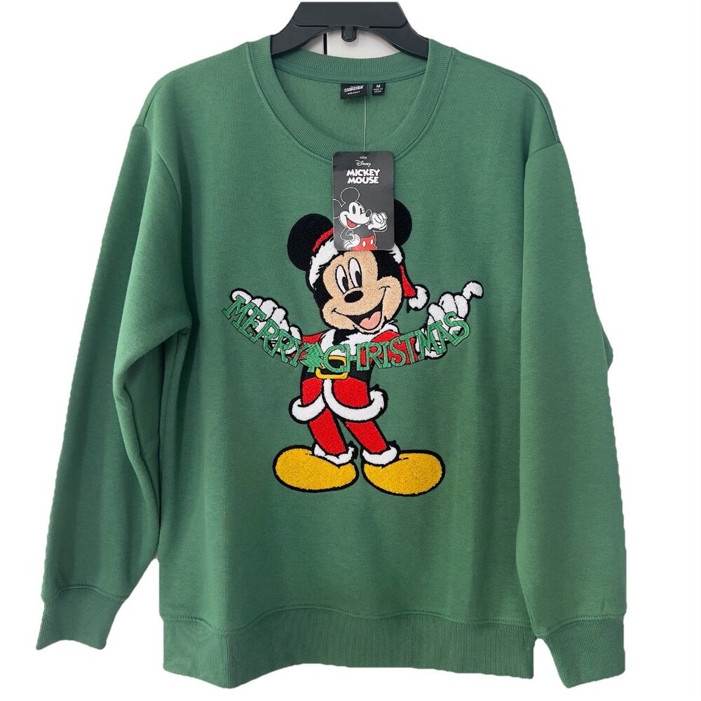 NWT Disney Mickey Sweatshirt Medium Green Christmas Applique Embroidery Crewneck